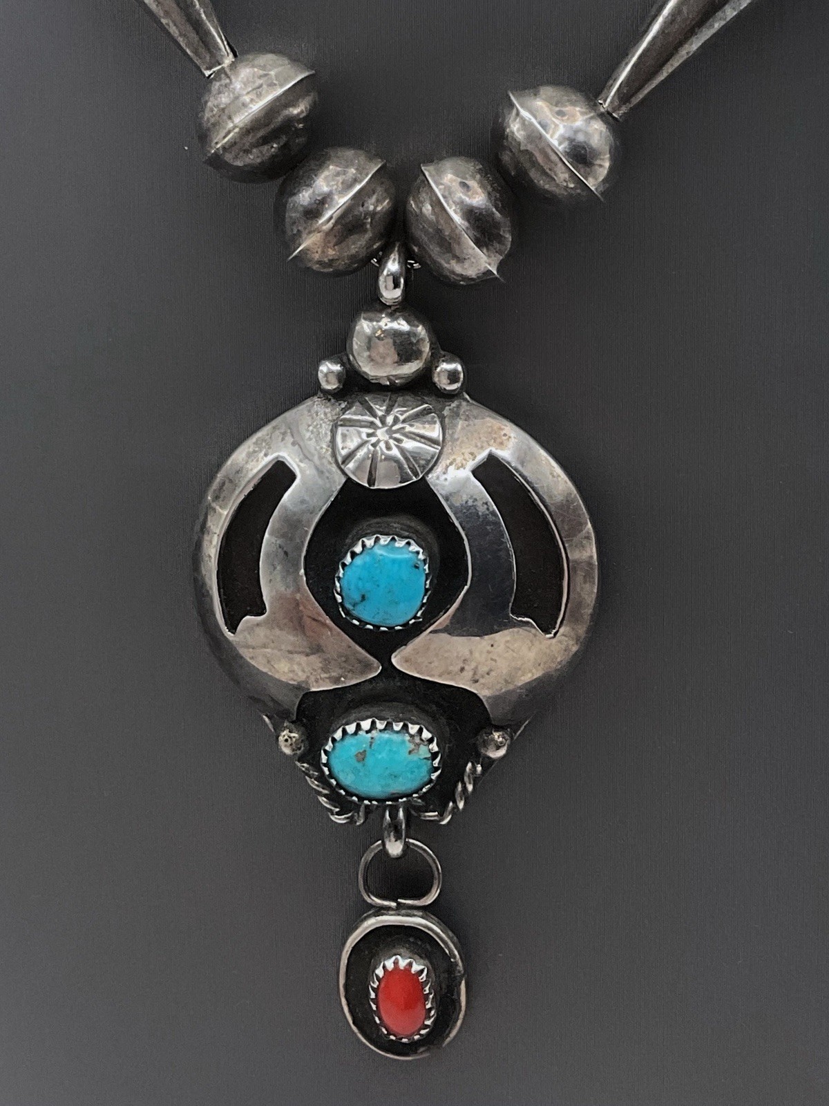 Signed Jesse Claw Navajo Sterling Silver Turquoise Coral Necklace J*C 41.6 grams
