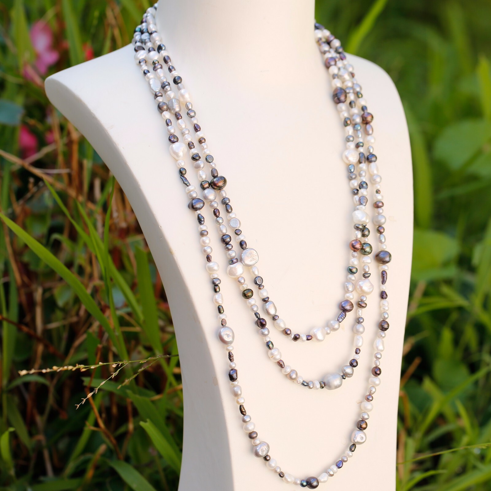 180cm size3-9mm baroque White black grey freshwater pearl Morandi color necklace