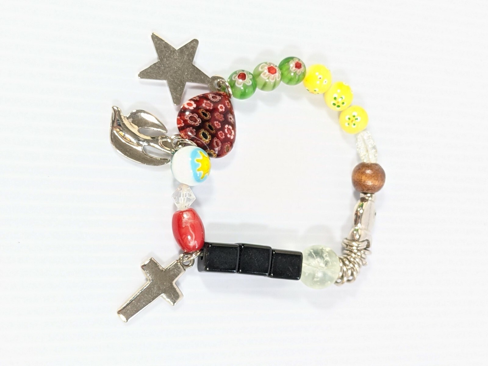 Green Red Yellow Millefiori Glass Bead Fish Bird Star Cross Charm Bracelet