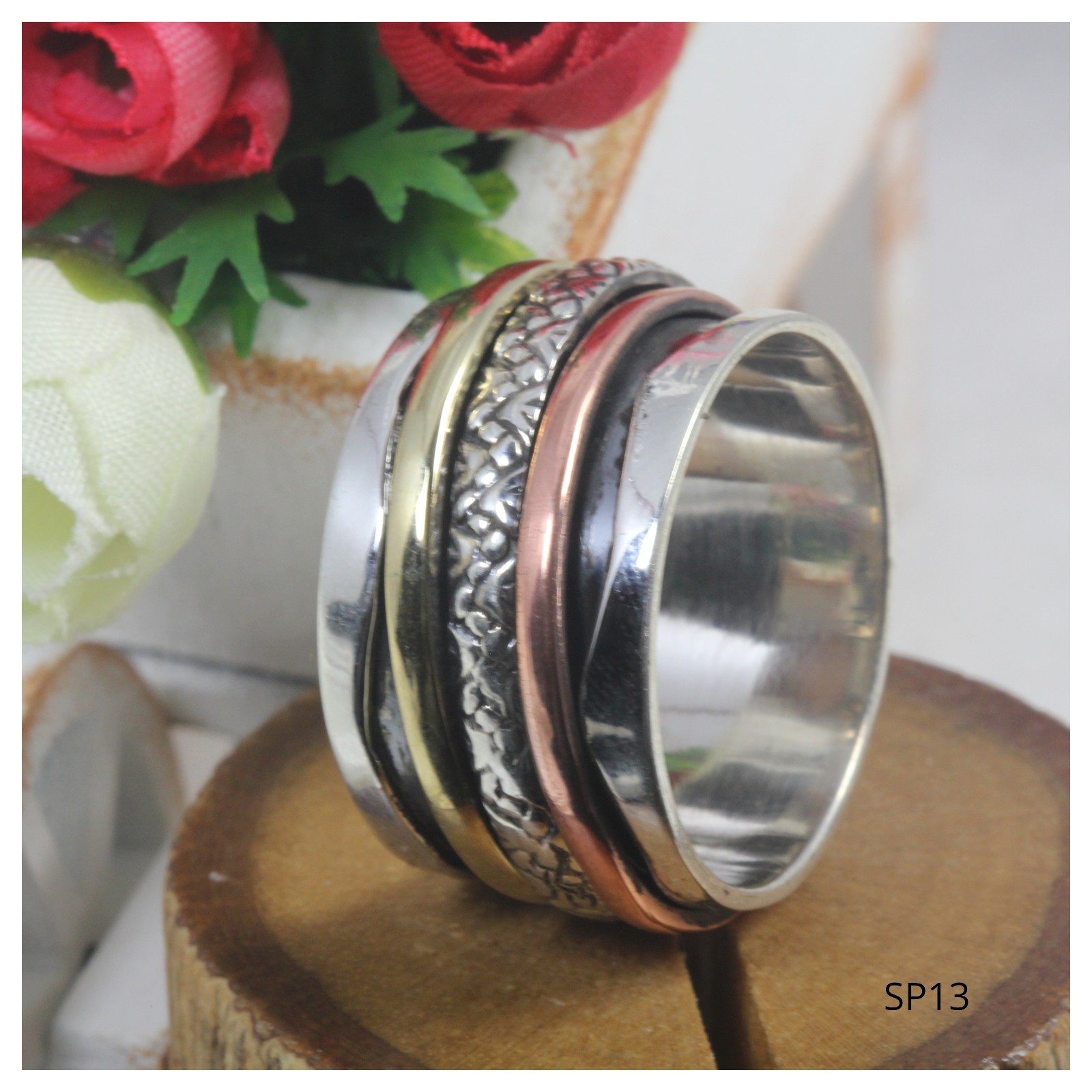 Texture Fidget Boho Wide Sterling Silver,Gold, Rose Gold Spinner Meditation Ring