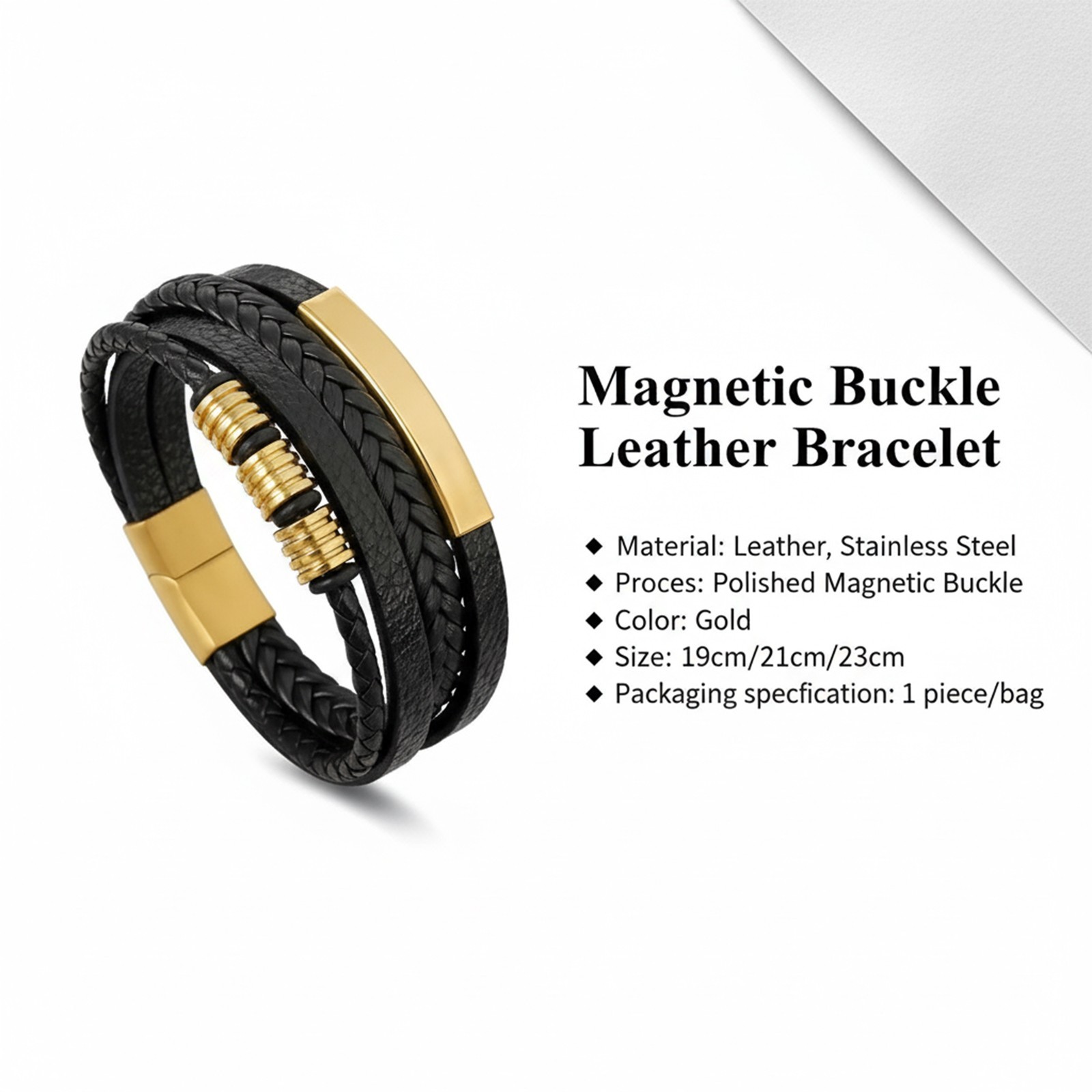 Men’s Leather Bracelet Braided Wristband Magnetic Buckle – Black Silver Gold