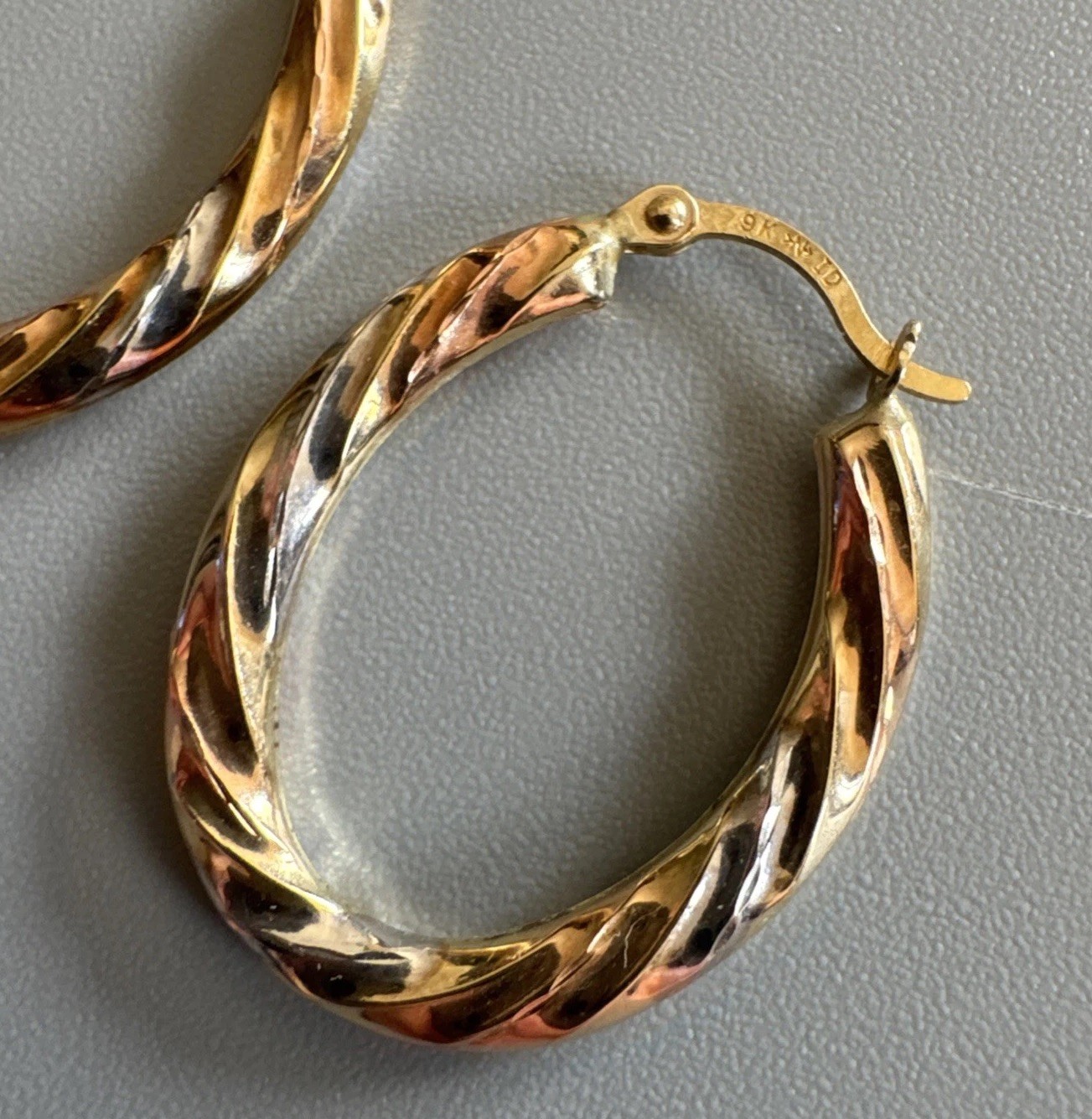 9ct Yellow, Rose & White Gold Twist Oval Creole Hoop Earrings 24.7mm Long 0.78g