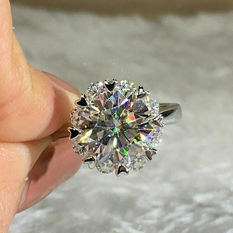4Ct Round Cut VVS1 Real Moissanite Halo Engagement Ring In 14K White Gold Plated