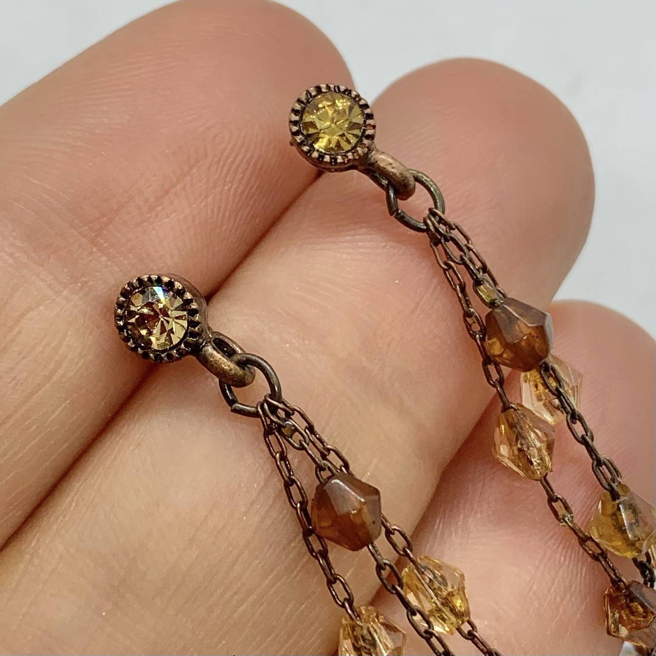 Vtg Yellow Brown Acrylic Crystal Chain Tassel Earrings Dangle Long Rhinestone