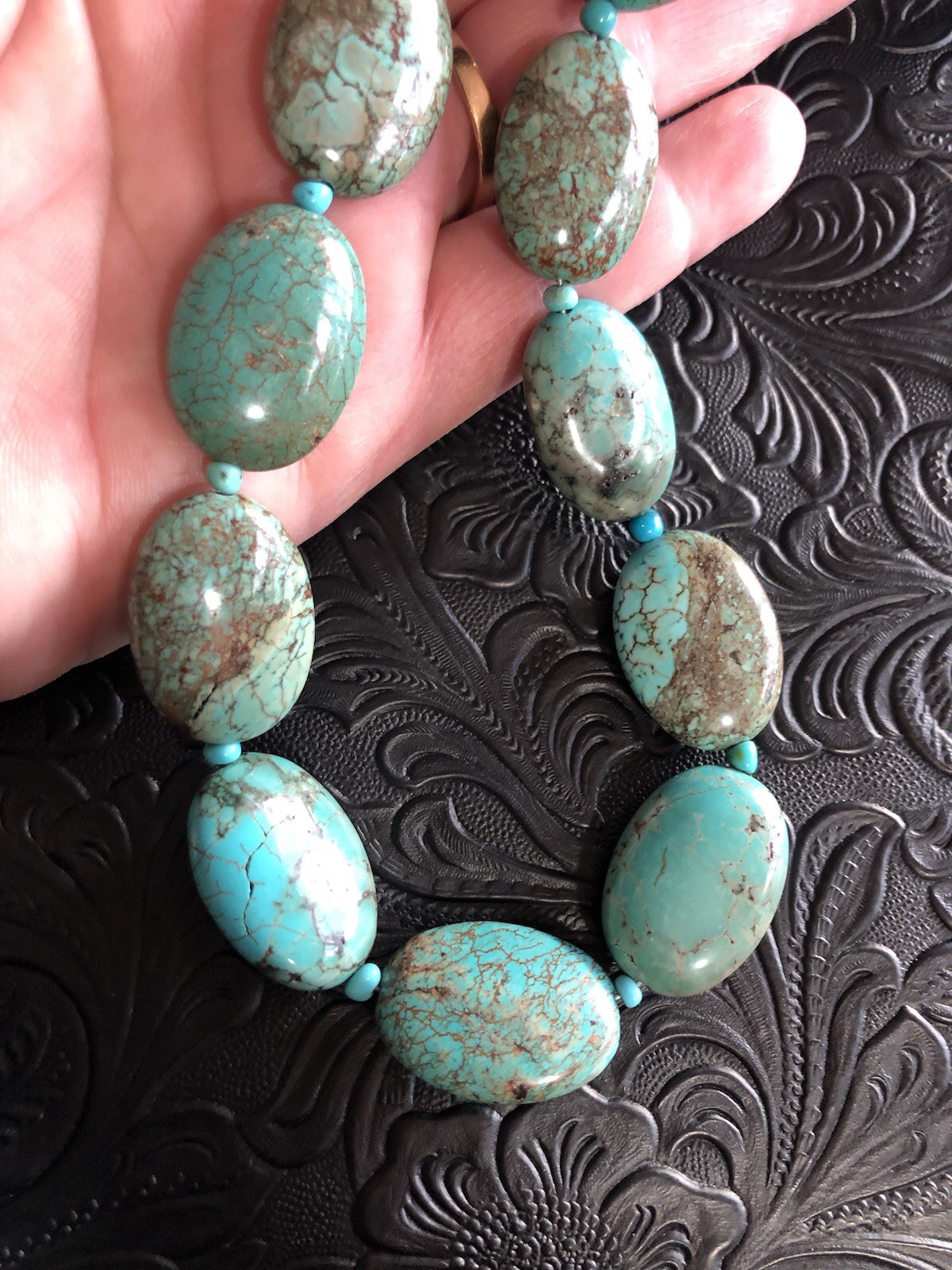 Hubei Turquoise Oval Nuggets 18”-21” Heavy Bead Necklace DR925 Hook Clasp