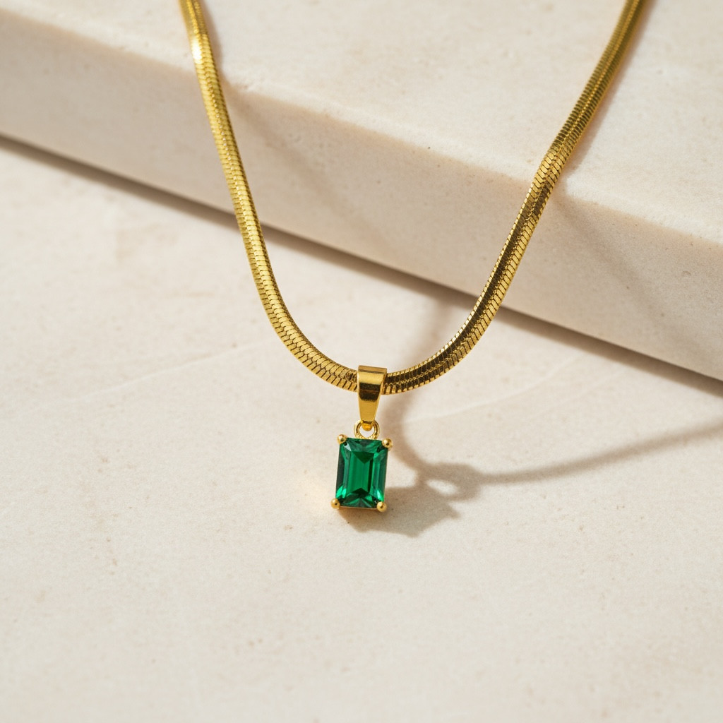 Diamond CZ Snake Chain – Emerald Cut Necklace | Dainty Herringbone | 18k Gold