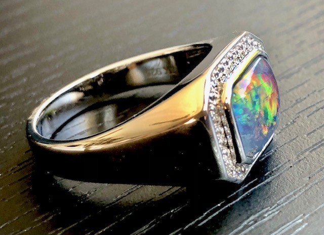 Heavy SS 10 SOLID Natural Australian Black Red Opal Men’s ring Signet SEE VIDEO