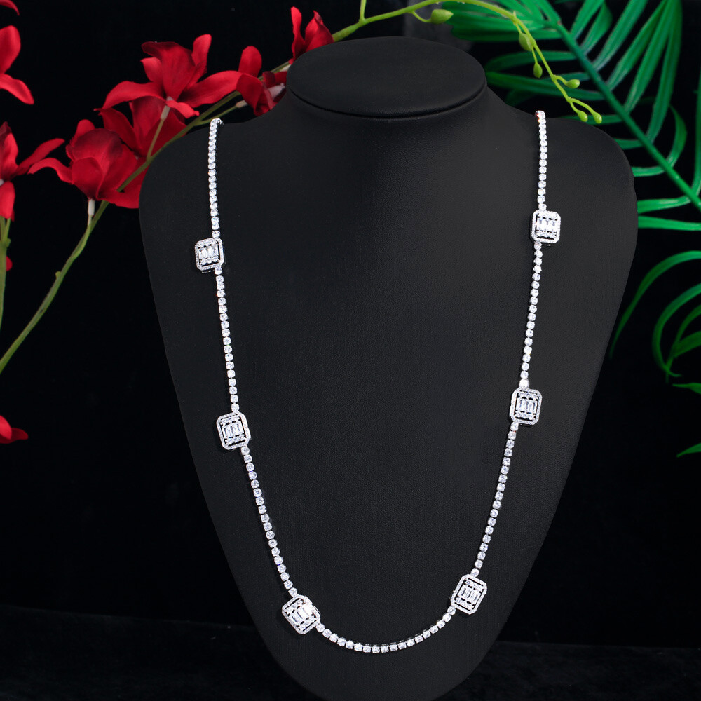 82cm Silver Plated Baguette Cubic Zirconia Long Sweeter Necklace Women Jewelry