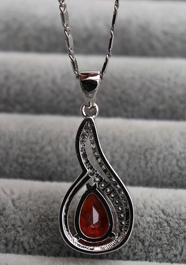 New 18K White Gold Filled Red Teardrop & Clear CZ Accent Swirl Pendant Necklace