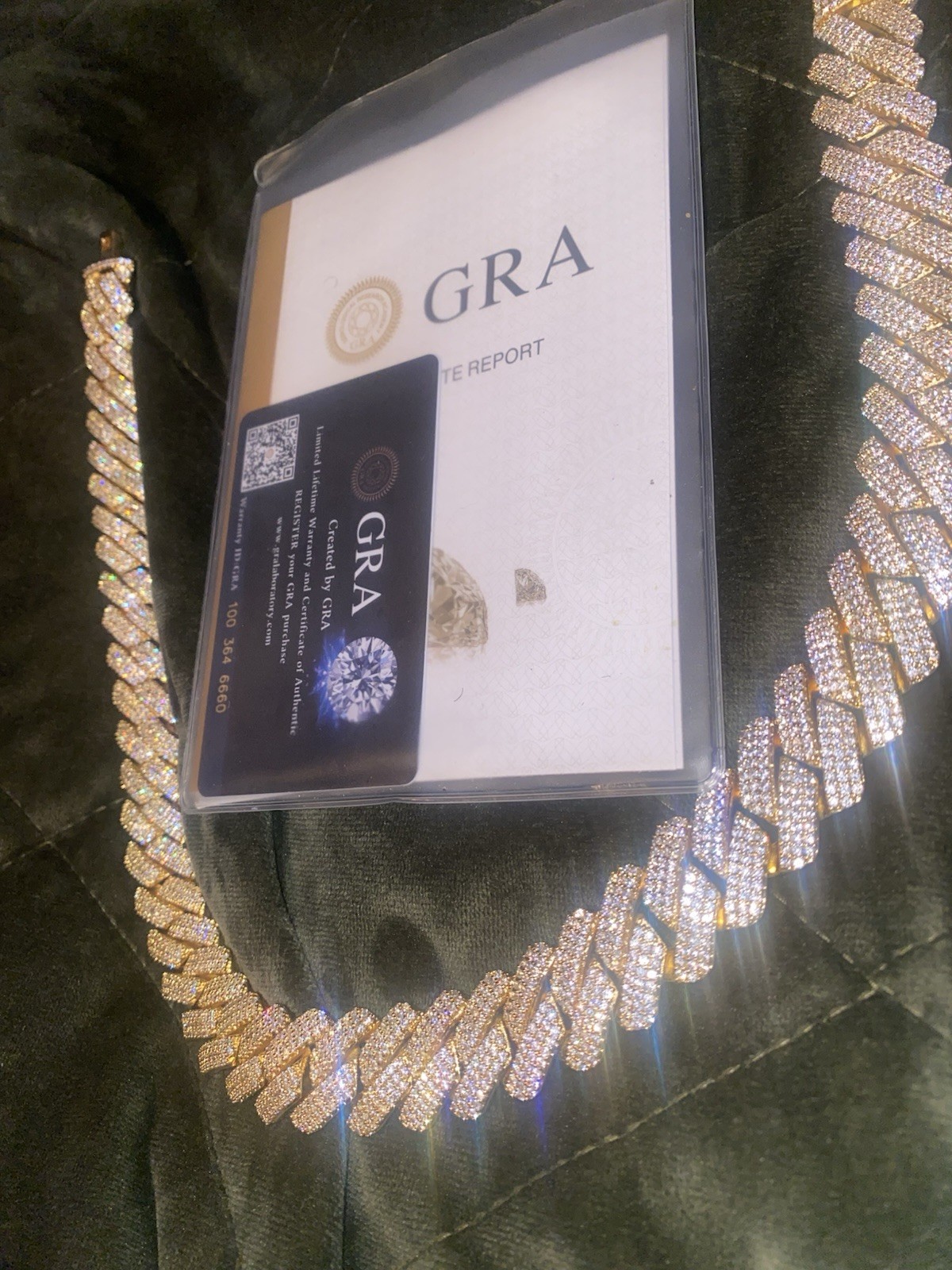Gold Tone Iced Out Cuban Link Necklace Pavé Rhinestone Box Closure GRA