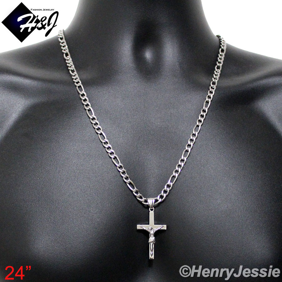 18-36″MEN Stainless Steel 2/3/4/5/6mm Silver Figaro Chain JESUS Cross Pendant*62