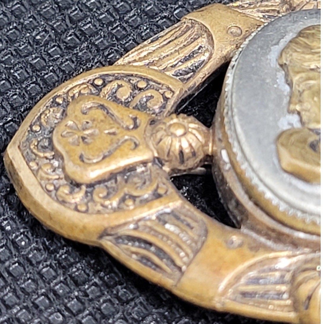 Vintage Gold Tone Oval Cameo Filigree Brooch Art Nouveau Style Statement Jewelry