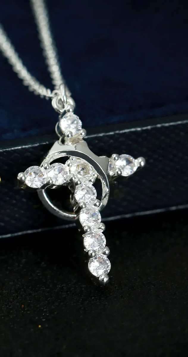 Elegant White Gold Rotatable Crown Cross Necklace Sparkly Diamond Pendant Gift
