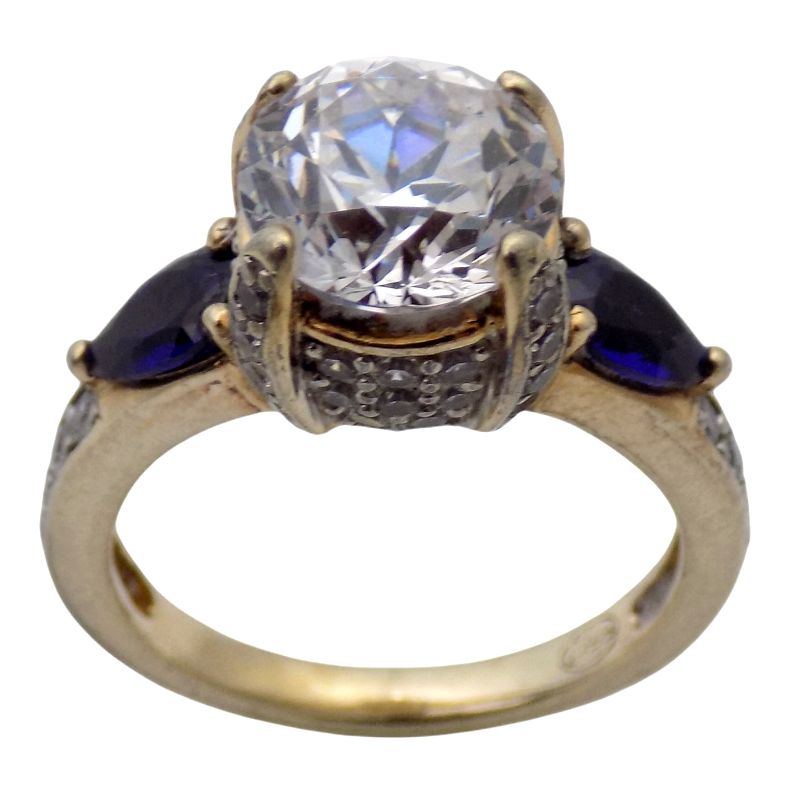 SIGNED STERLING & NATURAL SAPPHIRE & 14MM CZ ENGAGEMENT SIZE:7 RING 5.7GR #3112