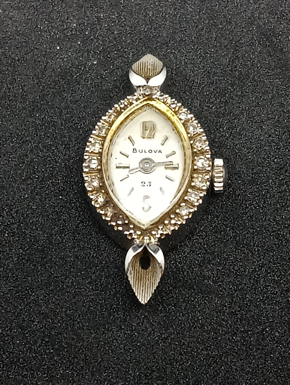 Vintage Bulova 23 Jewel 14K White Gold Marquise Diamond Watch Head For Repair