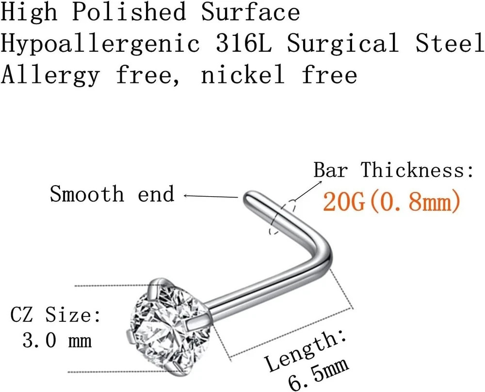 316L Surgical Steel 20G L Shape Nose Stud 3mm Clear CZ Silver 6pcs Set