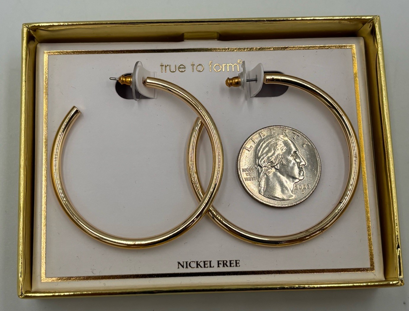 True To Form Hoop Earrings Solid Brass 2 1/8″ Diameter . New in Box