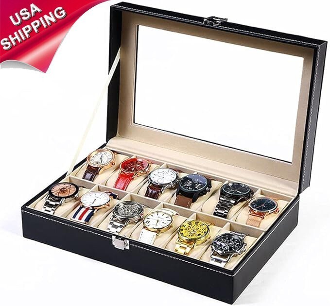12/24/20 Slots PU Leather Wrist Watch Display Box Storage Holder Organizer Case~