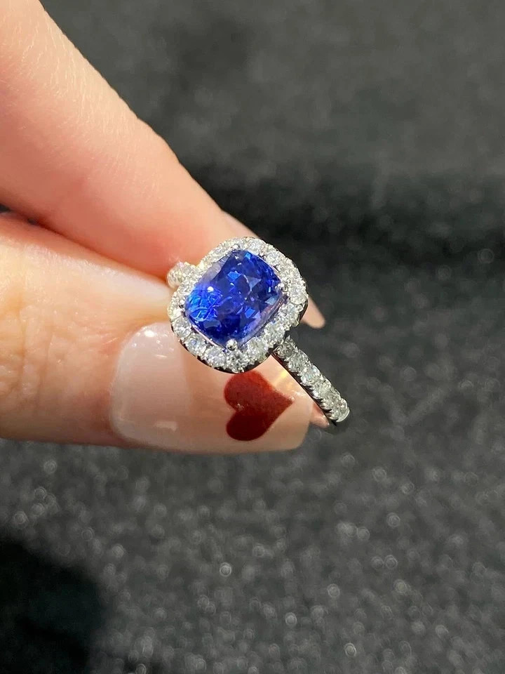 3.00Ct Cushion Cut Natural Sapphire Diamond Wedding Ring 14K White Gold 6 7 8 9