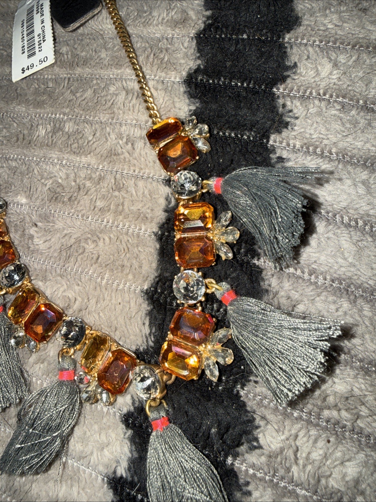 Vtg NWT J crew rhinestone tassel statement necklace pink orange grey tassel stat