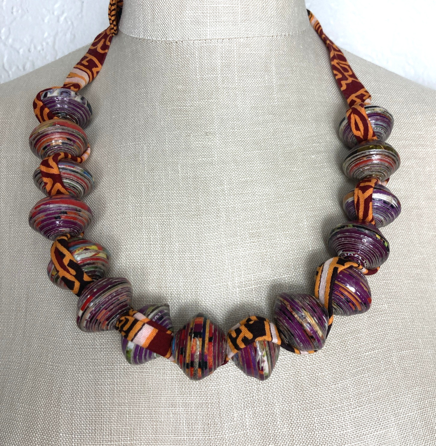 Artisan Rolled Paper Bead Necklace Fabric Chain Purple Orange Chunky Handmade