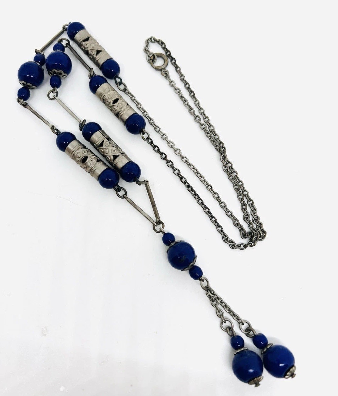 Long Art Deco Lapis Glass Beaded Sautoir Necklace 30 Inch Vintage Jewelry