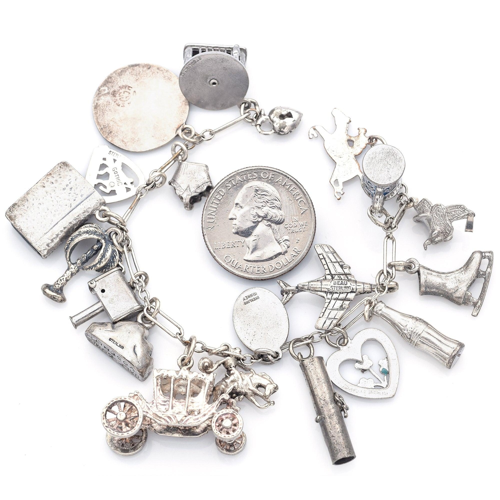 Beau Gothic Kinney Wells Sterling Silver Airplane Equestrian 19 Charms Bracelet
