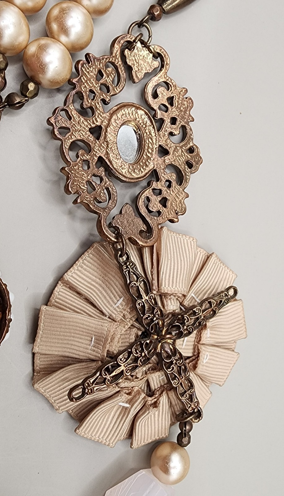 Artisan Upcycled Mixed Media Necklace Chunky Pearl Ribbon Flower Octopus 24 In