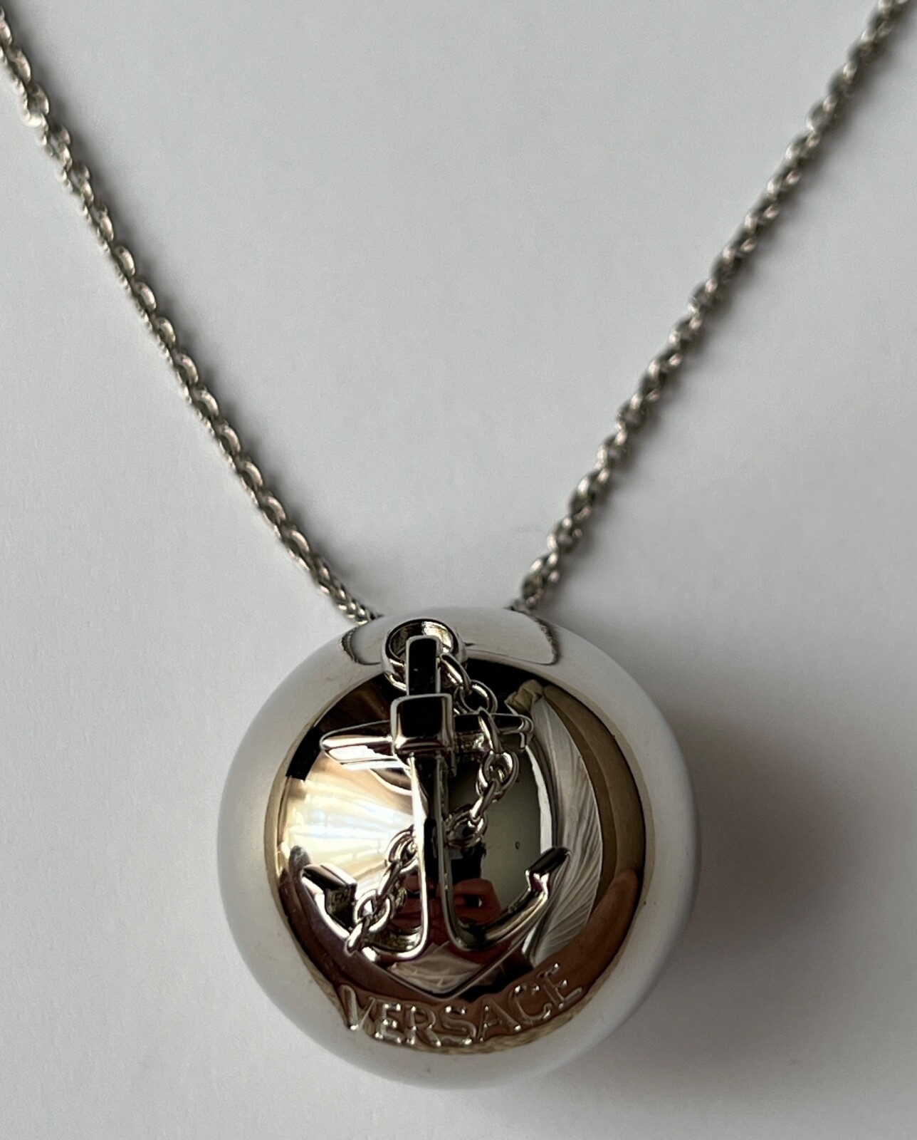 NIB Versace Nautical Anchor Logo Large Silver Sphere Round Pendant Necklace $975