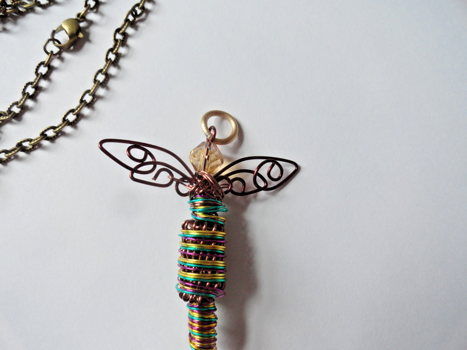#10705 Brown/Green with Gold/Red Dragonfly Pendant Swarovskis Dangle Chain