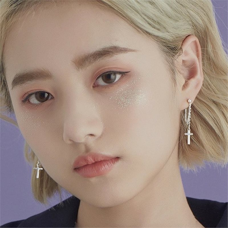 Women 925 Sterling silver Cross Drop Dangle Hanging Chain Stud Earrings Gift D26