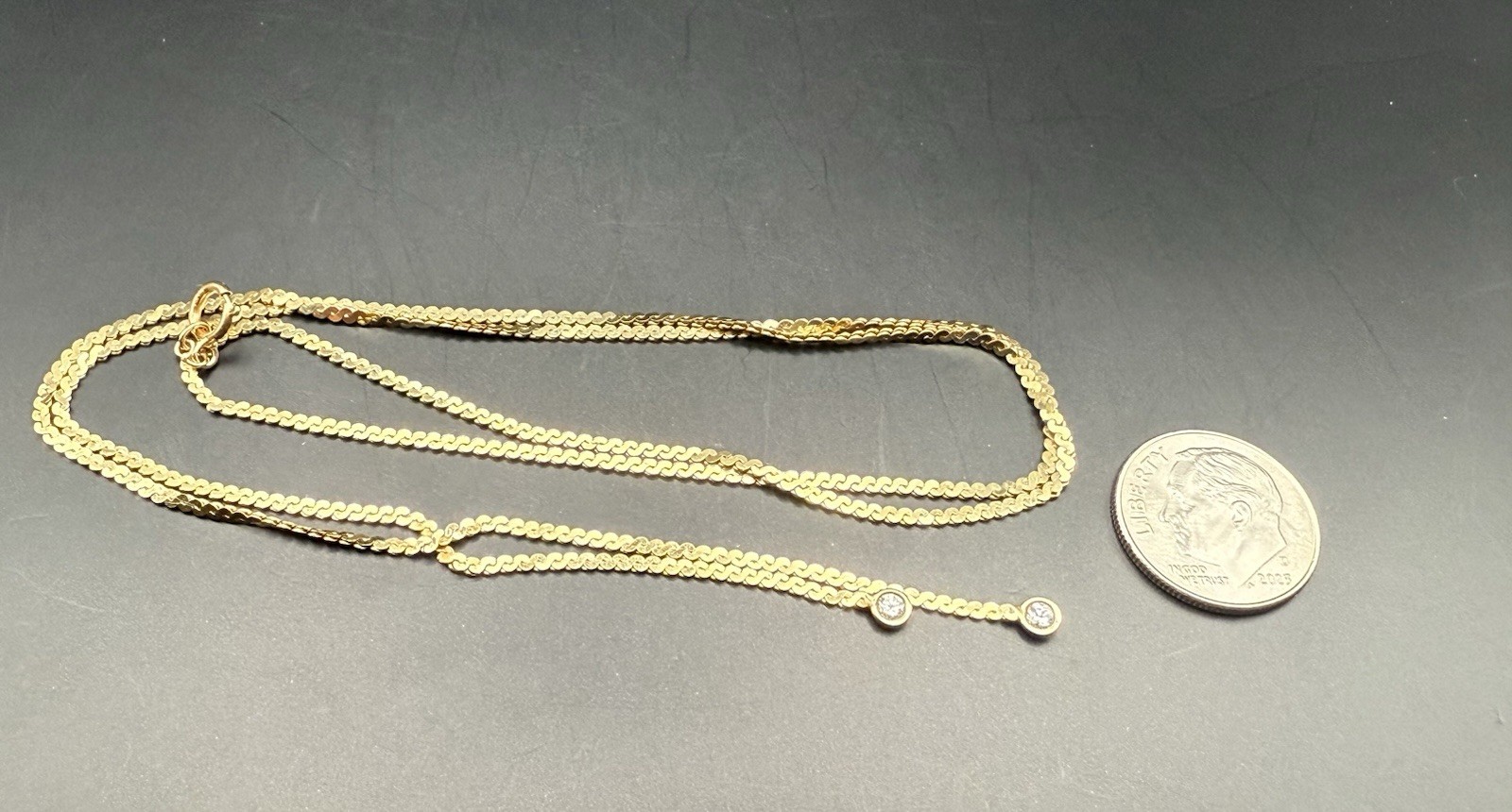 Vintage 14k Solid Yellow Gold Serpentine Lariat Necklace w/Diamonds 4.5g,18.5in