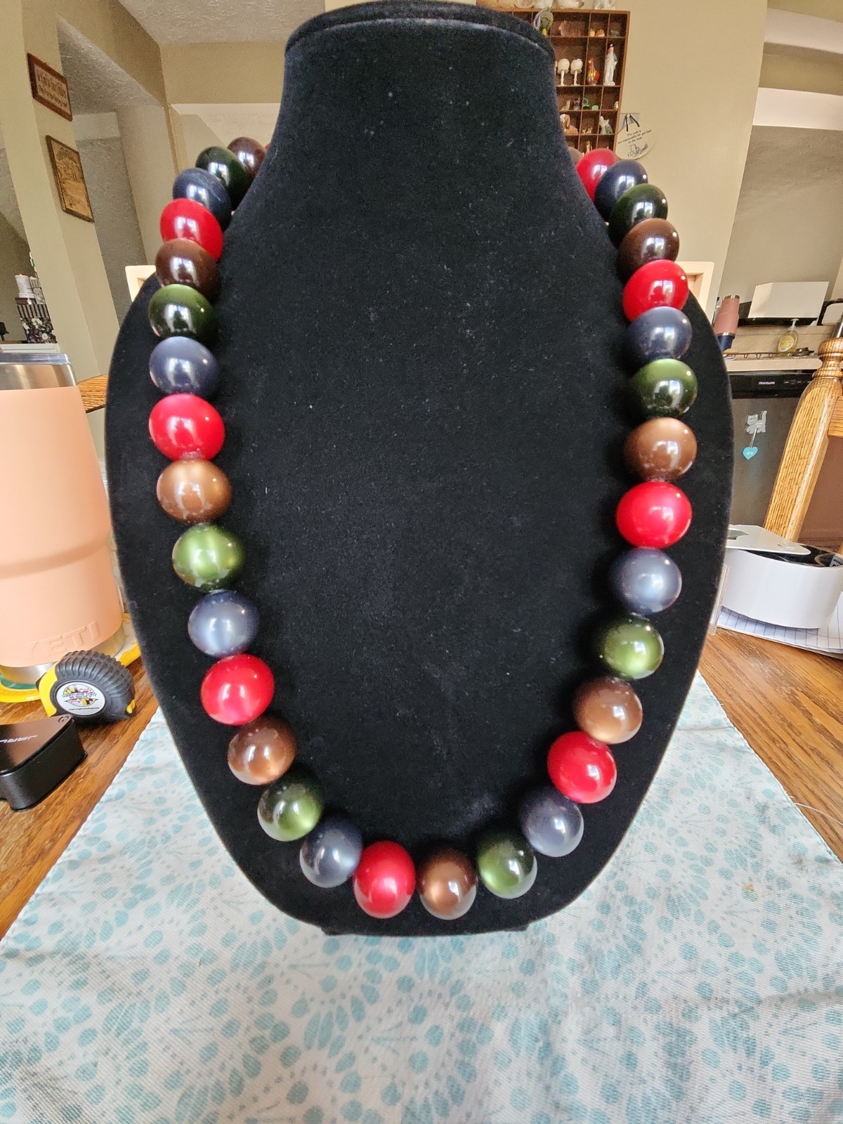 Moonglow Glass Beaded Chunky Necklace Brown Green Blue and Red Shiny