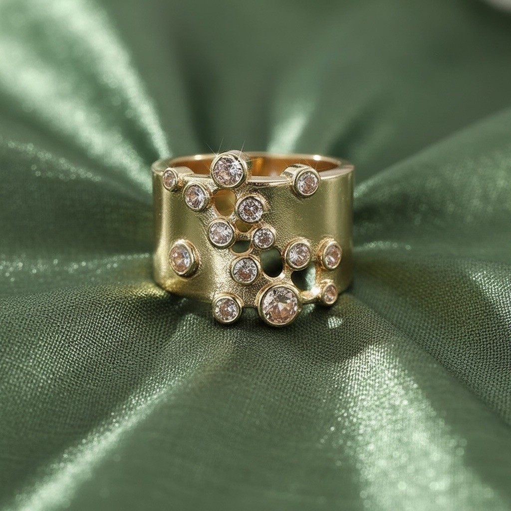 Ettika Gold Crystal Cluster Sz 8 Ring Wide Constellation Statement Boho Retro CZ
