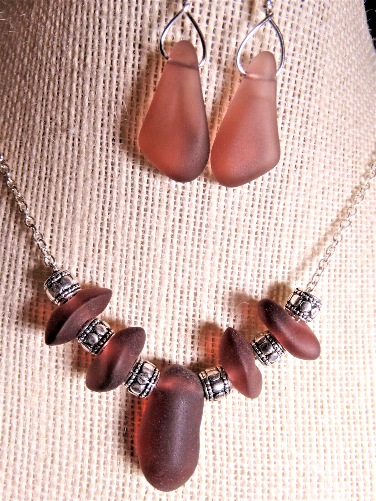 AMETHYST Sea Glass cultured Beach glass SET boho SEA GLASS 18+2″ w earrings