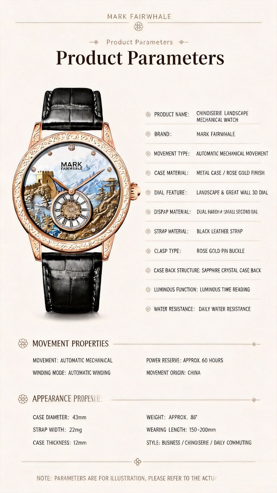 Mark Fairwhale Automatic Watch Men Great Wall Luxury Mechanical Luminous Leather