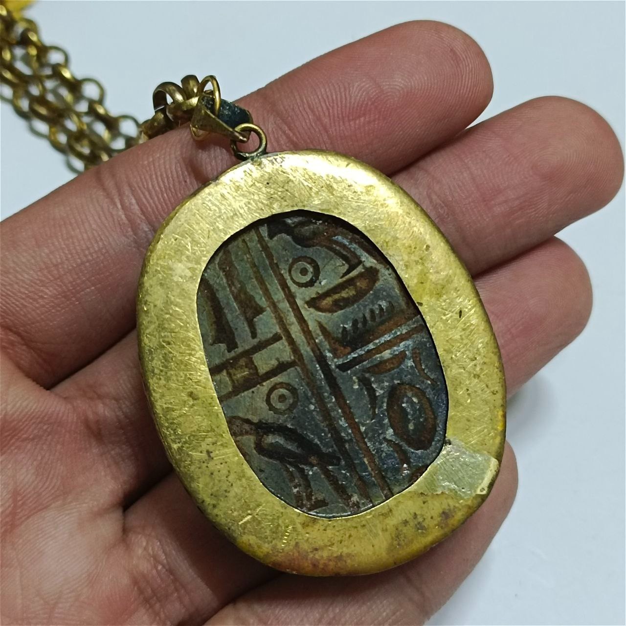 Vintage copper necklace with blue scarab pendant, ancient Egyptian style unique