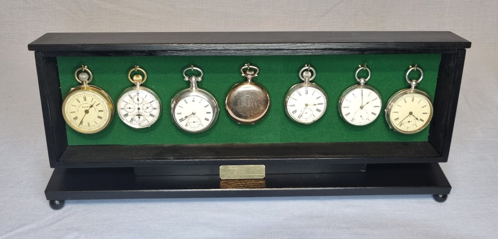 Pocket watch glass display case, table top, solid wood cabinet choice of 4 sizes