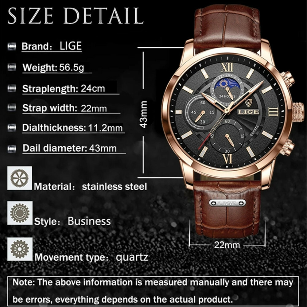 LIGE Men Watch Brown Leather Casual Business Male Calendar Wristwatch