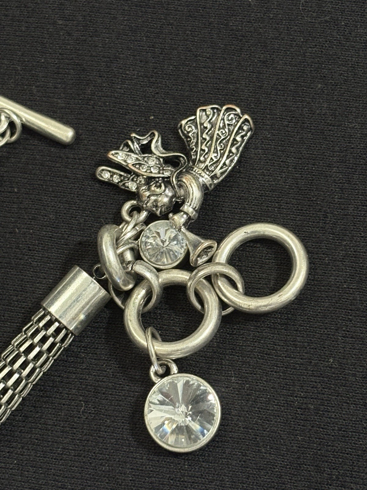 Vintage Silver Tone Fairy Charm Mesh Bracelet Crystal Dangle Toggle Statement 8”