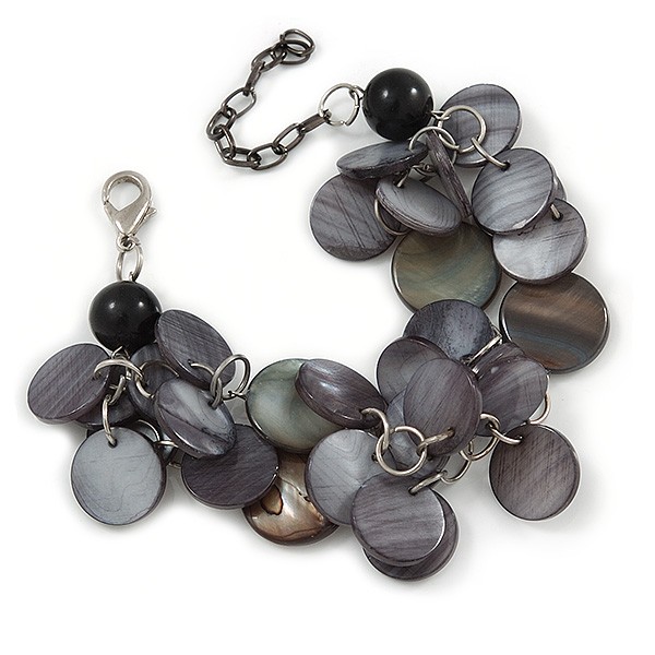 2 Row Dark Grey Coin Shell Bead Bracelet – 18cm L/ 5cm Ext