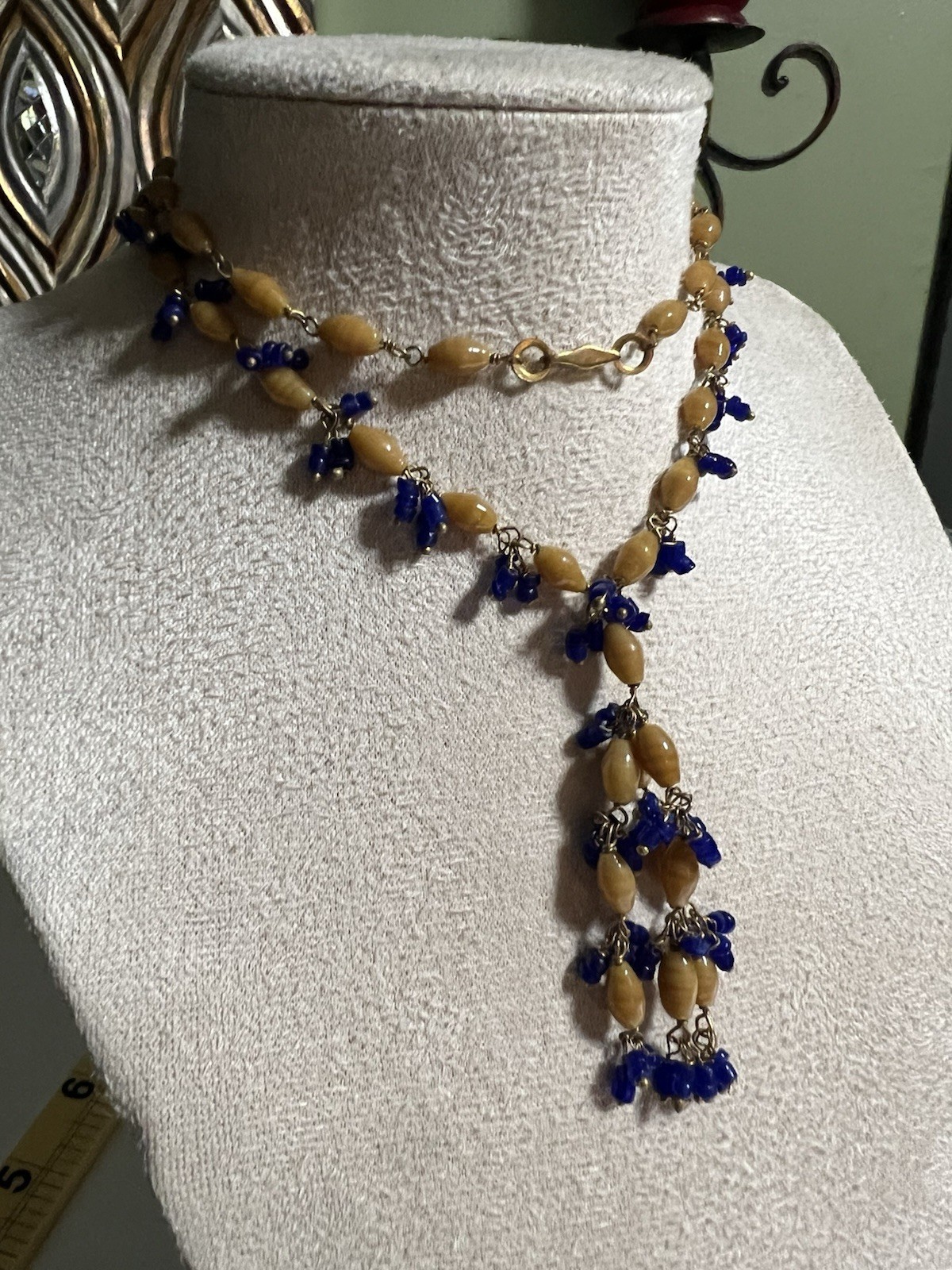 Vintage Mid Century Czech Glass Y Necklace Cobalt Blue Caramel Drop 25″
