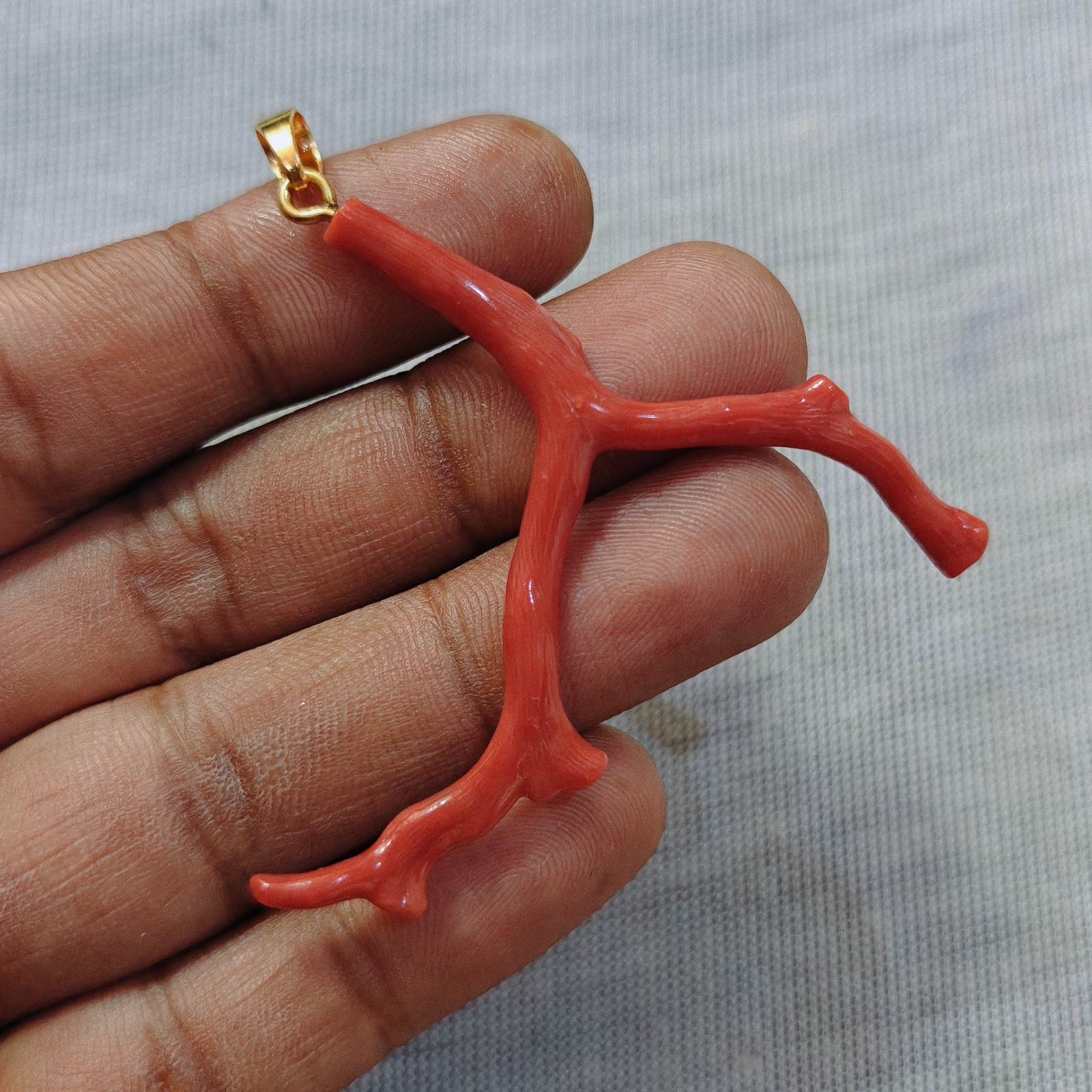 Natural Italian Red Coral Branch Brass Pendant Boho Ocean Gemstone Jewelry