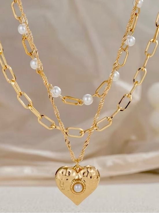 Set Large Heart Statement Gold Layered Heart Pendant Pearl Chain Necklaces