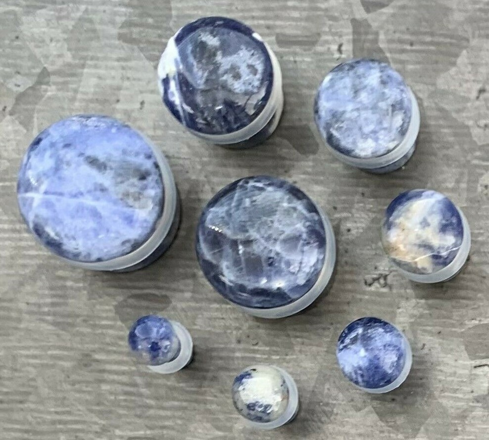 PAIR Single Flare Sodalite Stone Plugs Blue Organic Gauges Earlets Body Jewelry