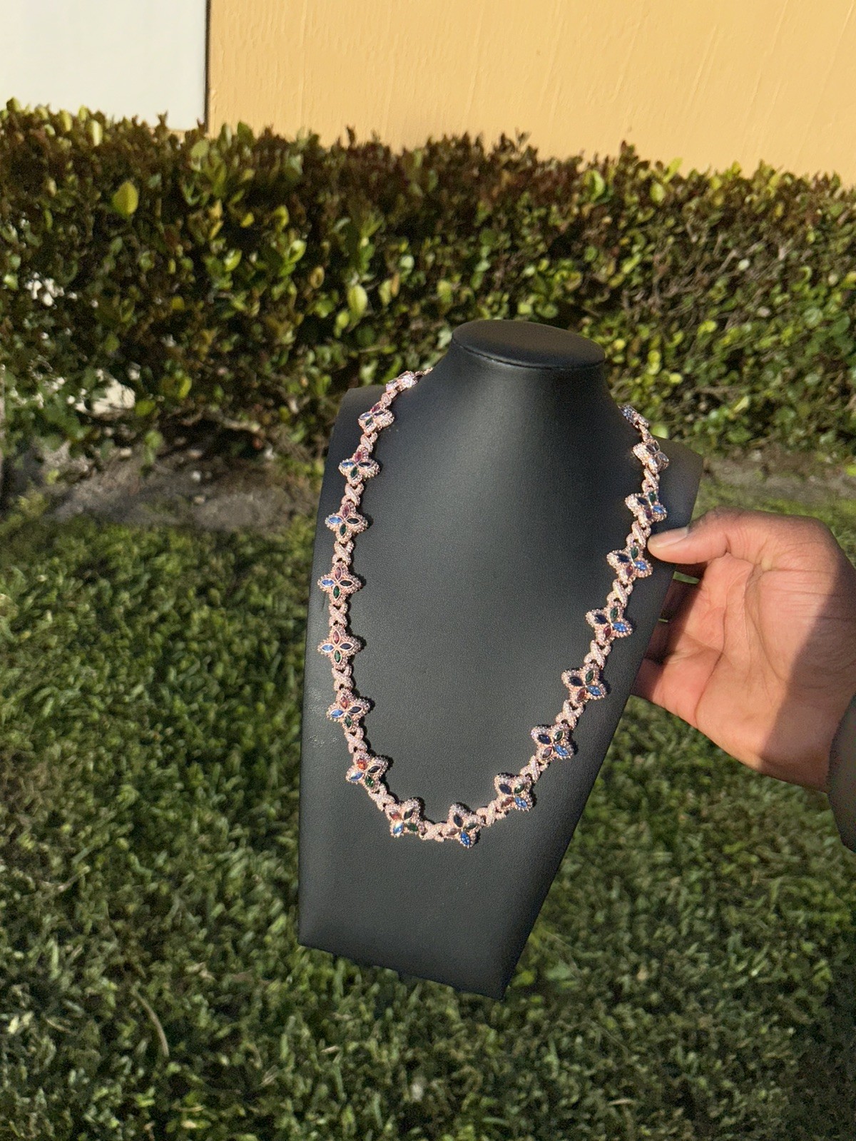 Flower 4 Leaf Clover Iced Out Rose Gold Premium Quality Chain Multicolor