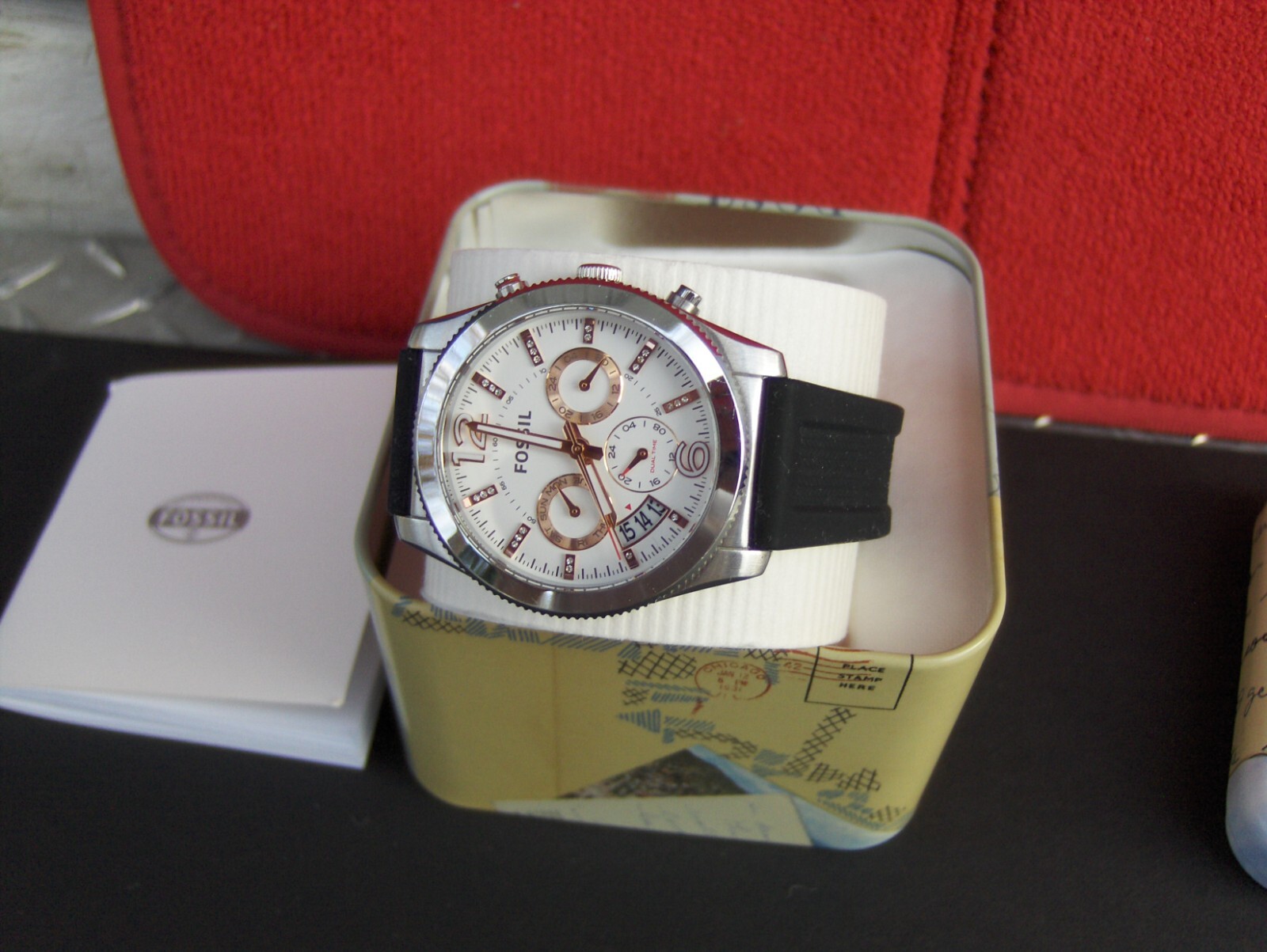 FOSSIL ES 4250 BOYFRIEND 3 EYE CHRONOGRAPH SWAROVSKI CRYSTAL MARKERS DATE WINDOW