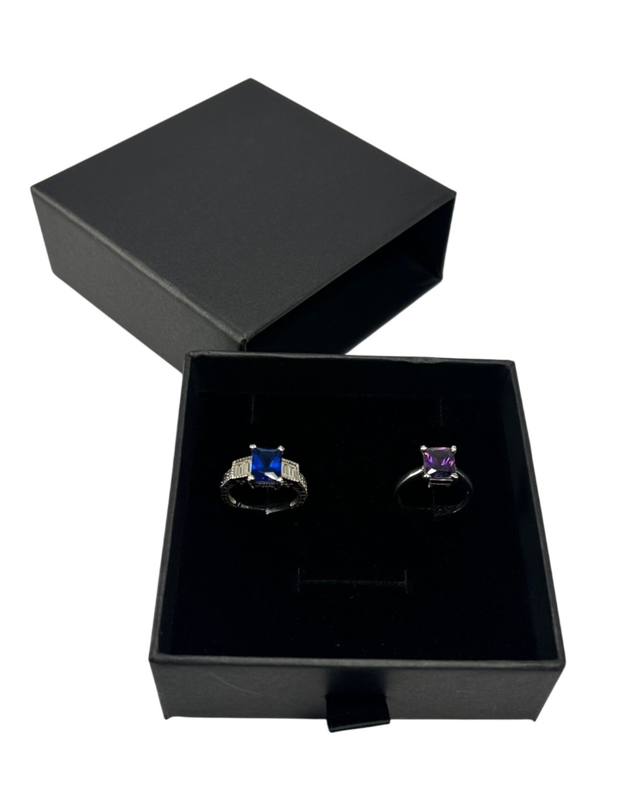 925 Sterling Silver Rings Bundle Of Two Elegant Square Blue Purple Glass Stones