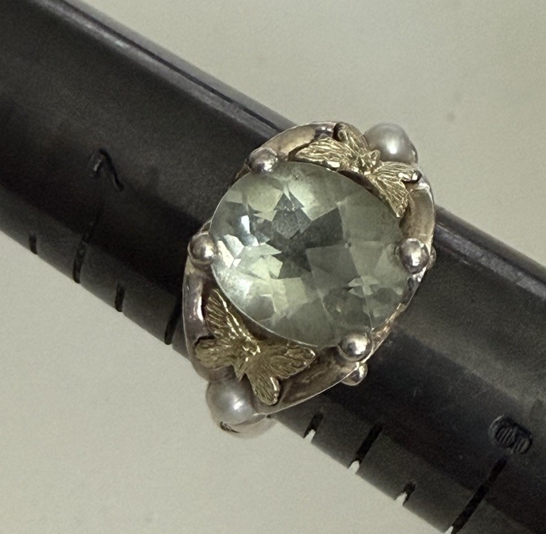 Ann King 925 Sterling Silver 18K Gold Prasiolite Pearl Butterfly Ring Sz 8