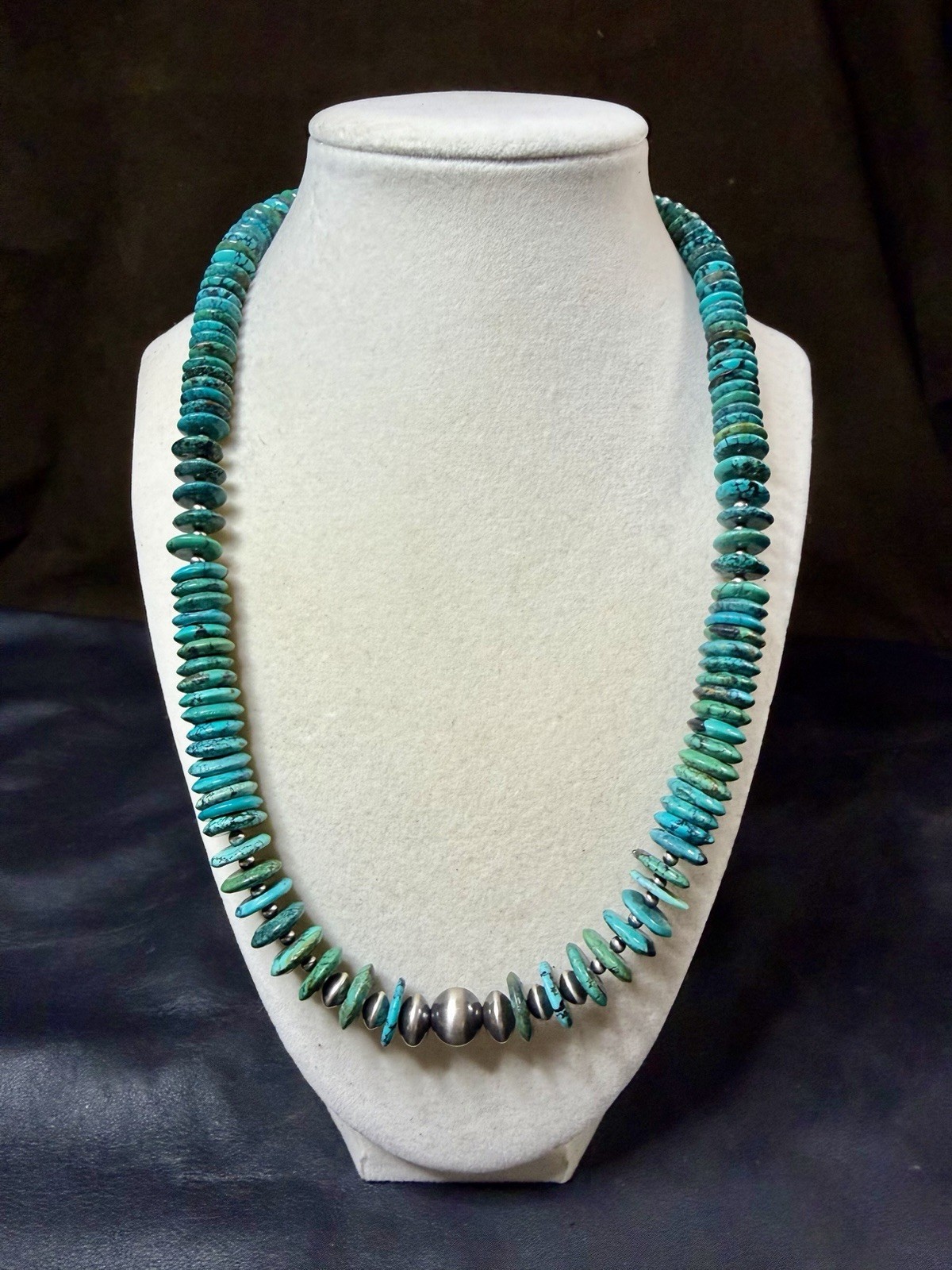 Sterling Silver 925 Hubei Turquoise Heishi Beaded Necklace Adjustable 21-23” 75g
